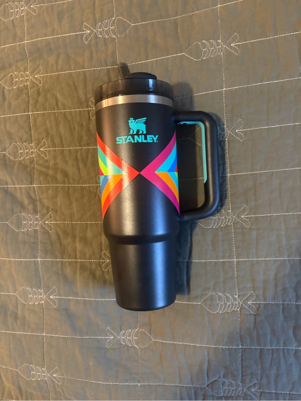 Stanley 30oz Black Travel Mug with Multicolor Chevron Design